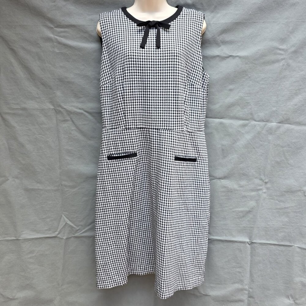 Talbots Black White Knit Dress Size 14 Bow Academia Houndstooth Shift Sleeveless